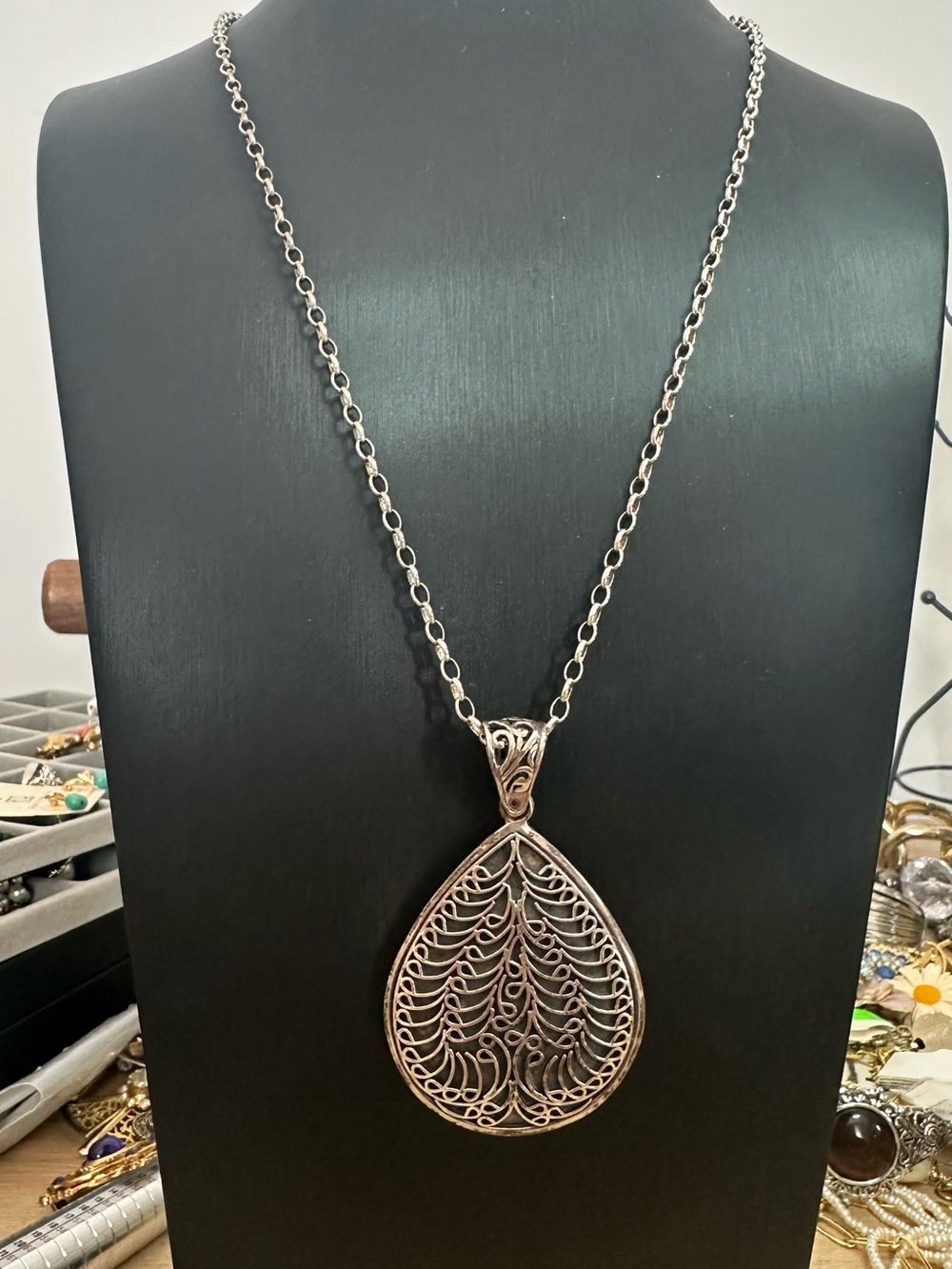 Coldwater Creek Sterling Silver Filigree Teardrop Pendant Necklace